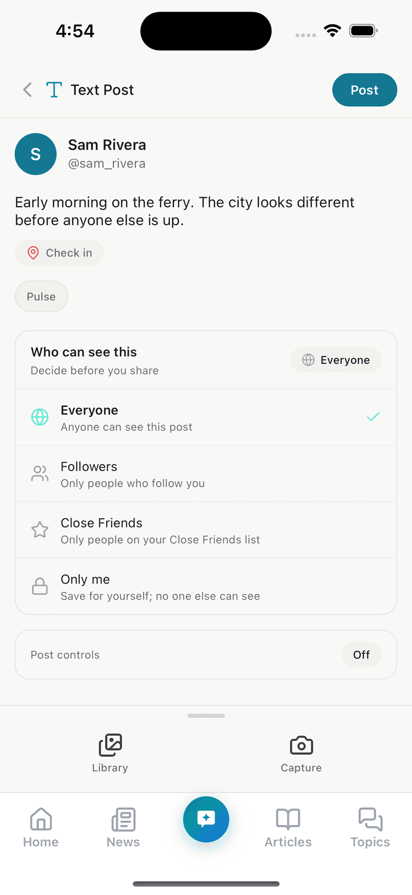 The TrueSay composer with a post written and Who can see this open: Everyone, Followers, Close Friends or Only me.