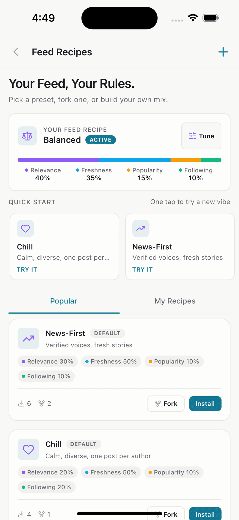 Feed Recipes in the TrueSay app, headed Your Feed, Your Rules. The active recipe, Balanced, is split into relevance 40 percent, freshness 35 percent, popularity 15 percent and following 10 percent, with quick-start recipes Chill and News-First and popular recipes to install or fork.